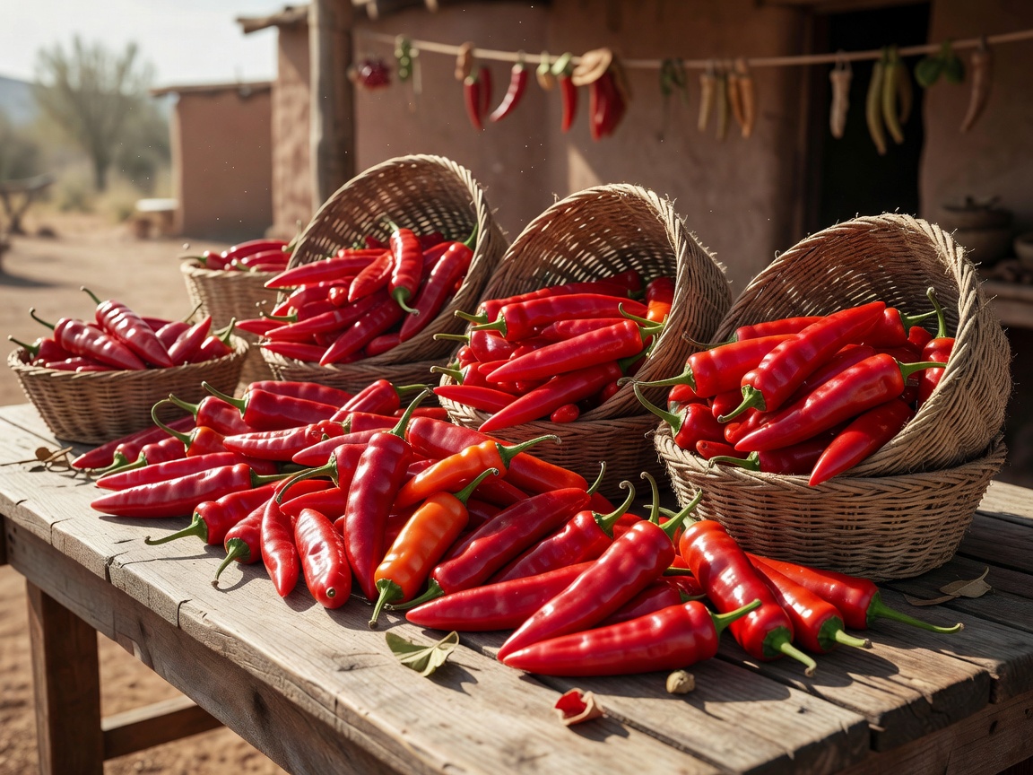 Fresh red chili peppers harvested for extreme heat cooking