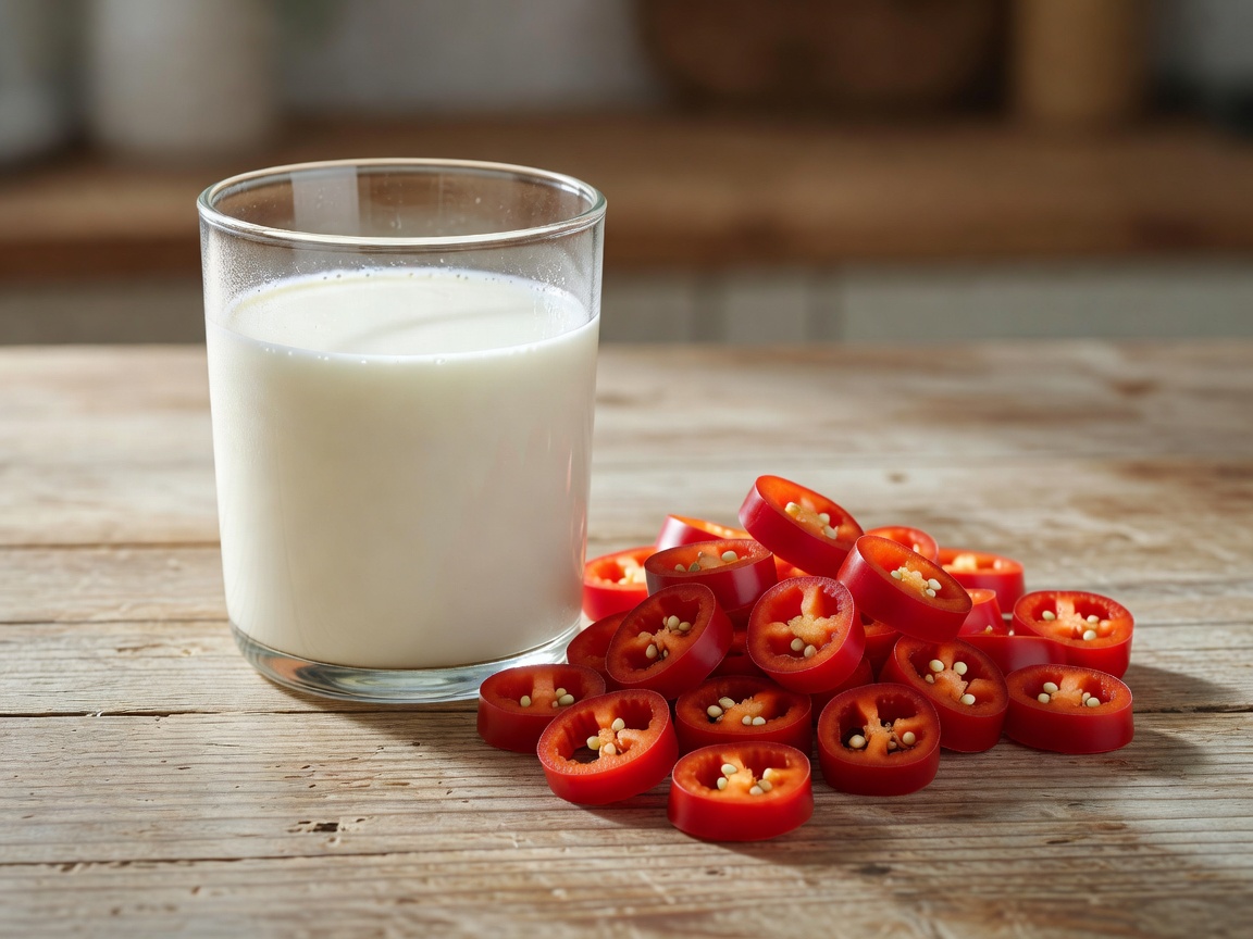 Glass of fresh cold milk beside sliced red chili peppers showing natural relief for capsaicin burn