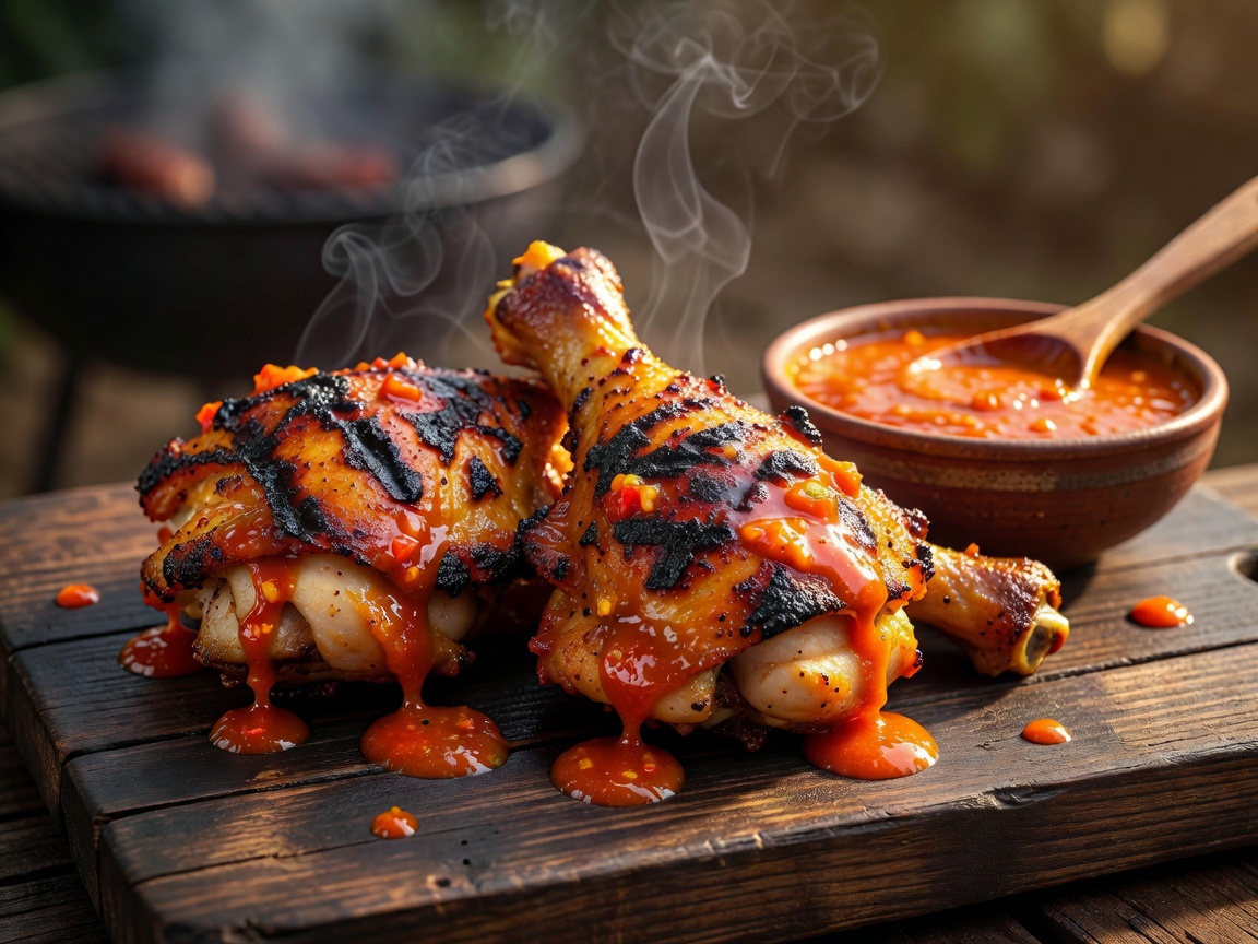 Jamaican jerk chicken grilled over pimento wood coals