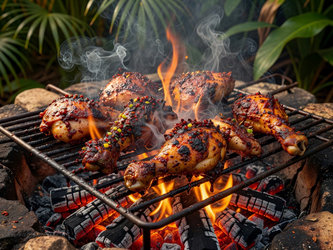 Jamaican Jerk Chicken sizzling over open wood coals