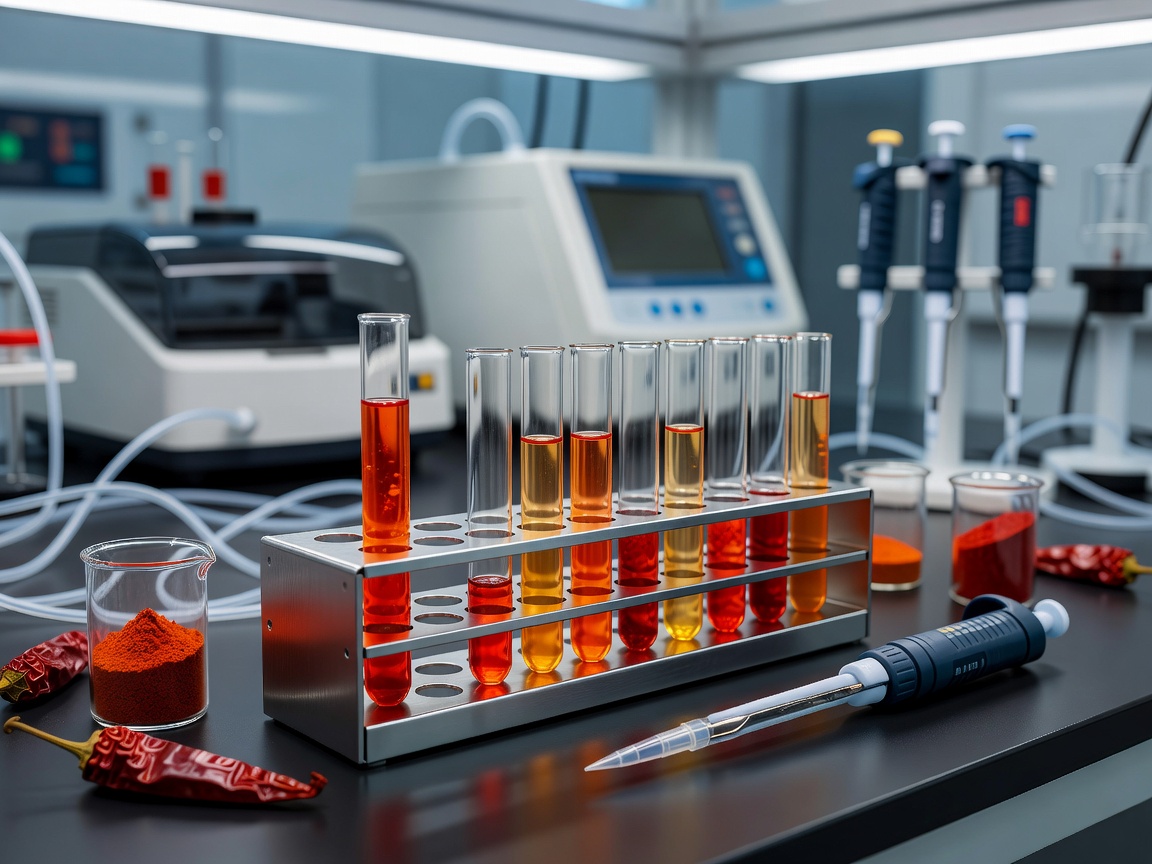 Close-up chemical lab setup analyzing capsaicin concentration
