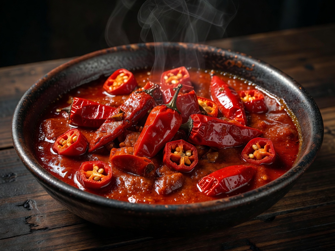 Phaal Curry topped with sliced reaper peppers in a traditional metal bowl