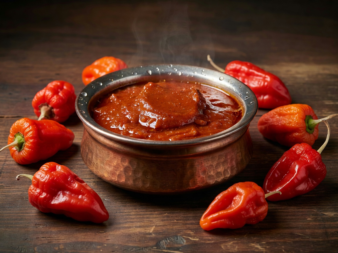 Phaal Curry in copper bowl surrounded by raw Carolina Reaper peppers