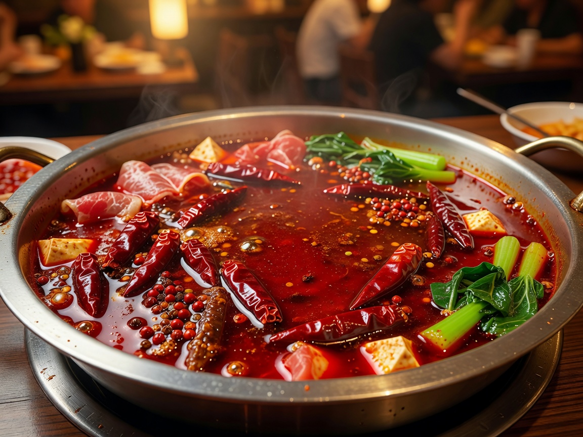 Sichuan hotpot bubbling with red oil and facing heaven chili peppers