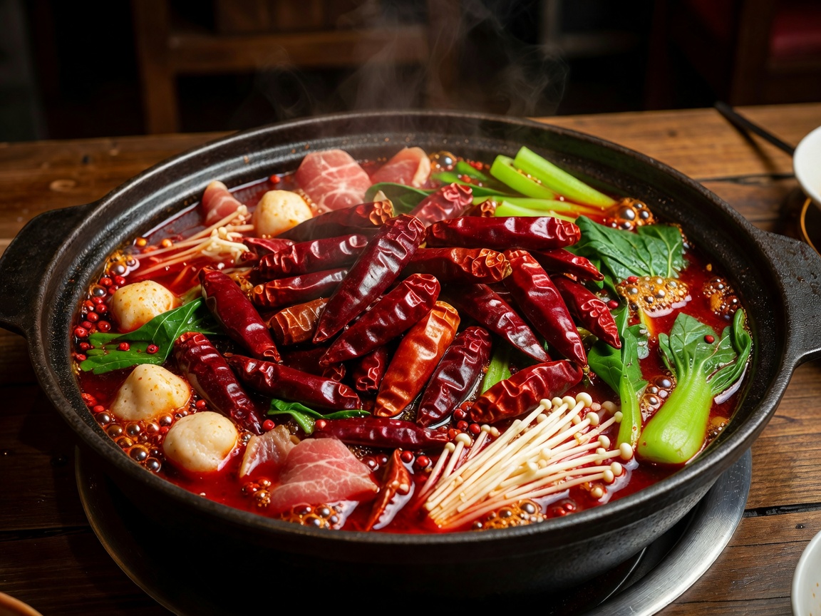 Sichuan mala hotpot brimming with dry chilis and red oil broth