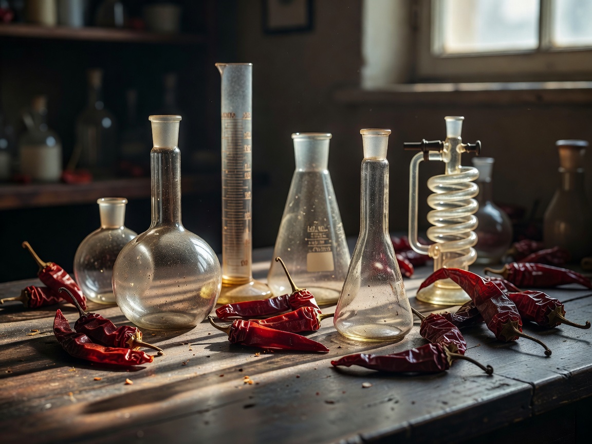 Vintage scientific glassware and dried red peppers